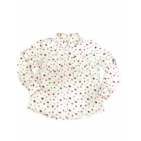 Christopher & Banks Petite Medium White Button Up Shirt Pink Red Heart Print Top - Picture 10 of 10